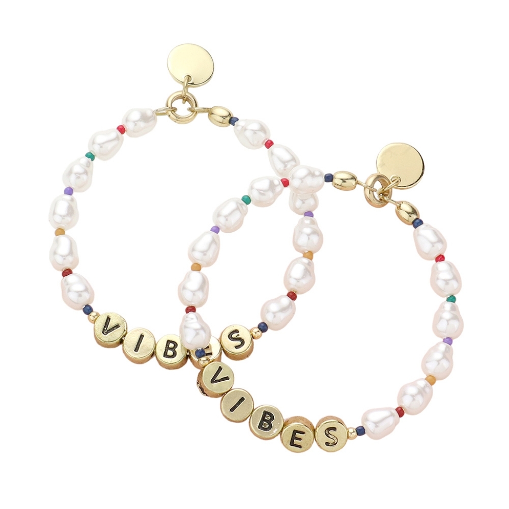 Gold Cream Pearl VIBES Worded Beaded Circle Dangle Hoop Earrings